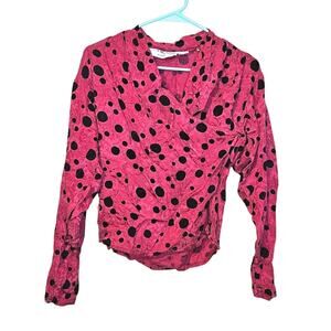 Collections By Michelle Stuart Size 6 100% Silk Polka Dot Pink Black Long Sleeve